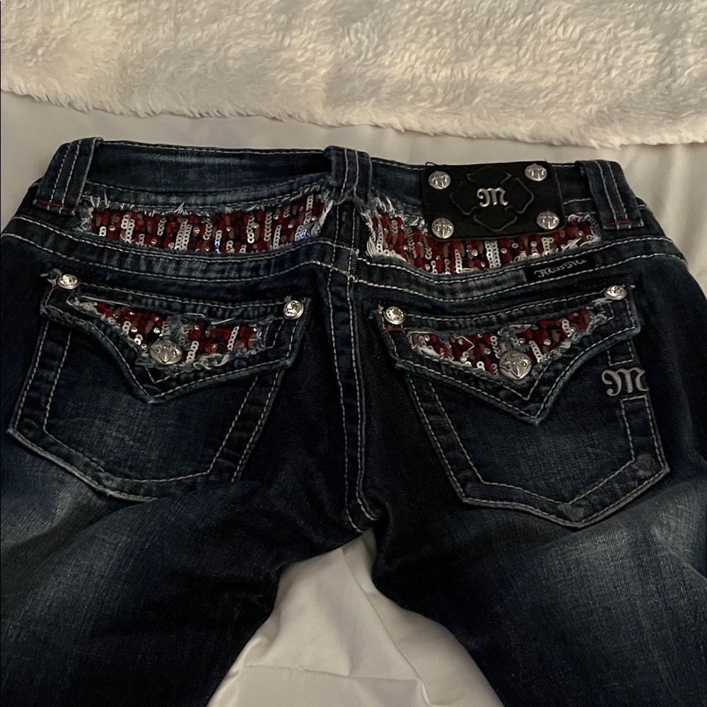 Miss Me Dark Blue Boot Cut Jeans with Red Accents - Picture 3 of 3